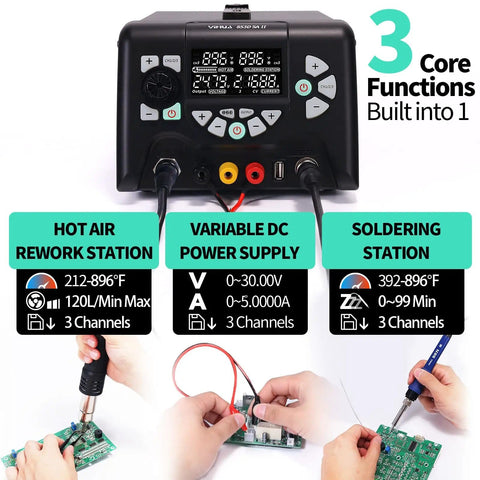 Three In One Hot Air Rework Soldering Station With DC Power Supply 30V 5A PID Temperature Control showing core functions