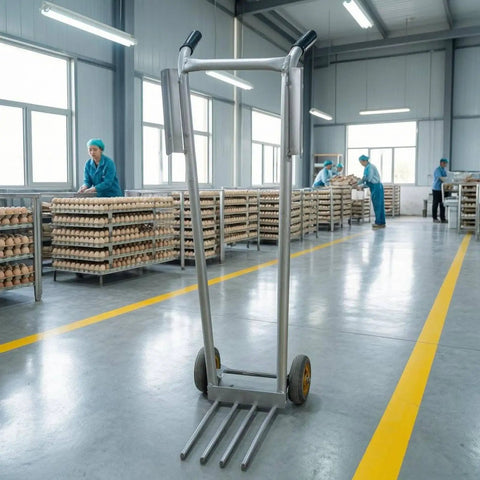 Two-Wheel Hand Truck Front Prongs Crate Carrier Portable Transport Tool For Moving Crates And Stacked Loads Easy Push Cart For Quick Hauls With Durable Tubular Frame And Grip Handles For Stable Handling, stainless steel in egg warehouse