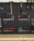 Heavy Duty Workbench With Attachable Tool Organizer, Adjustable And Durable, Built For Garage Or Workshop, Natural Wood Top Paired With Black Steel Frame