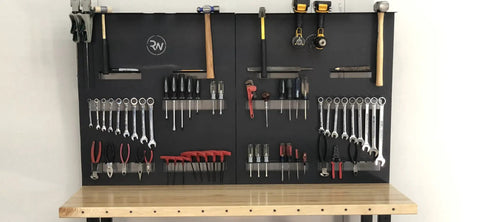 Heavy Duty Workbench With Attachable Tool Organizer, Adjustable And Durable, Built For Garage Or Workshop, Natural Wood Top Paired With Black Steel Frame