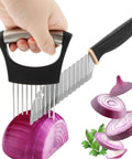 Crinkle cutter knife with black rubber handle and stainless steel wavy blade; onion holder for slicing vegetables.