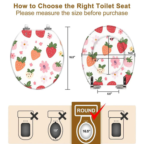 Generic Round Resin Toilet Seat for Bathroom with floral design, dimensions 14.5" x 16.5", shown for sizing reference.