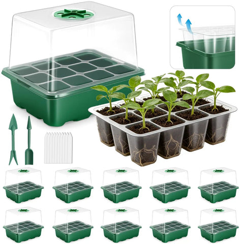 Ten Pack Seed Starter Tray Set With Extra Tall Humidity Dome showing 120 cells and toolkit for indoor gardening
