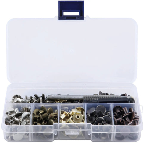 Hella Durable 125 Piece Chicago Screw Kit With Five Mixed Metallic Shades For Leather Crafting Shoes And Bags in clear case.