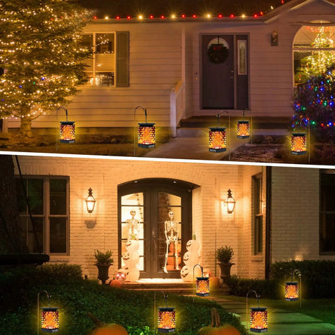 Two Pack Solar Lanterns With Realistic Dancing Flame 99 LED Outdoor Lights For Garden Patio Yard Deck IP65 Waterproof Warm Ambience For Halloween Parties Porch Decor, illuminating pathways at night with warm glow
