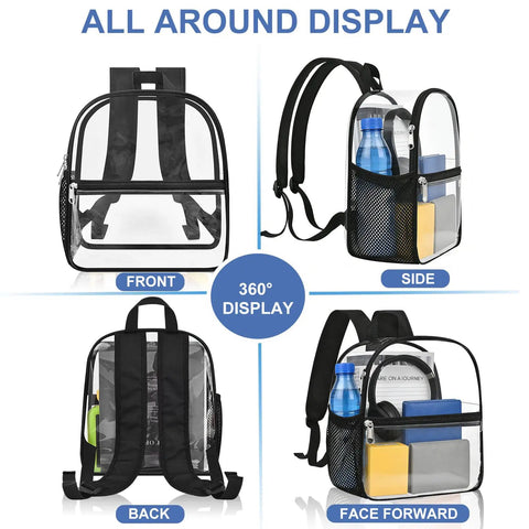Clear Stadium Backpack 12x12x6 with enhanced straps and front pocket, black, displayed from front, side, back, and face forward angles.