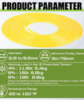 Fifty Foot Hollow Round Belt With Three Eighths Inch Diameter High Performance Flexible Polyurethane Drive Belt For Food Conveyor Transmission Systems Smooth Surface Durable Tough Wear Resistant Yellow coiled with product parameters.