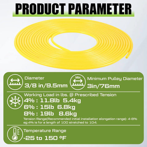 Fifty Foot Hollow Round Belt With Three Eighths Inch Diameter High Performance Flexible Polyurethane Drive Belt For Food Conveyor Transmission Systems Smooth Surface Durable Tough Wear Resistant Yellow coiled with product parameters.