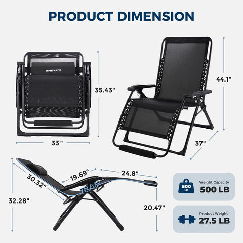Oversized Zero Gravity Lounge Chair 33 Inch XXL Outdoor Recliner With Removable Cushion And Headrest dimensions diagram