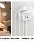 Flat Plug Power Strip With USB Ports And Wall Mount For Dorm And Office Use, Compact Nightstand Charging Station, shown in bedroom.