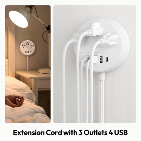 Flat Plug Power Strip With USB Ports And Wall Mount For Dorm And Office Use, Compact Nightstand Charging Station, shown in bedroom.