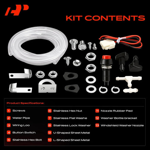 Top Shelf Universal Windshield Washer Pump And Fluid Reservoir Tank Bottle Kit With Slick 12 Volt Motor spray nozzle and accessories.