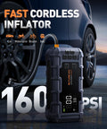 Beast All In One Jump Starter With Air Compressor And Power Bank, 8000A Peak, 160 PSI, 45W PD Fast Charge next to a car tire