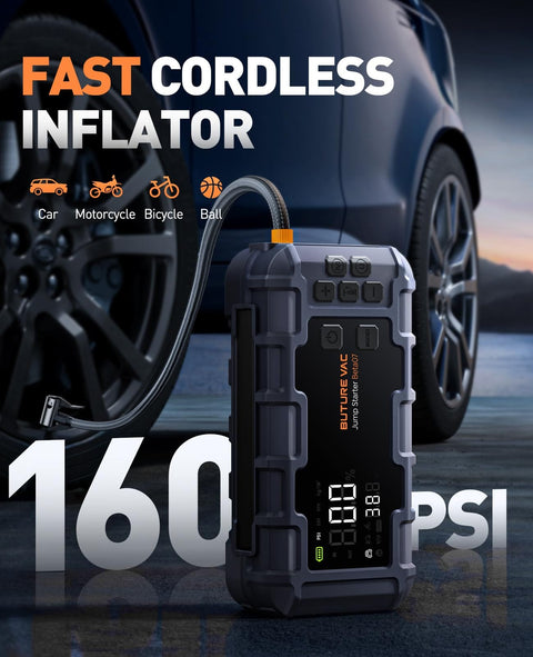 Beast All In One Jump Starter With Air Compressor And Power Bank, 8000A Peak, 160 PSI, 45W PD Fast Charge next to a car tire