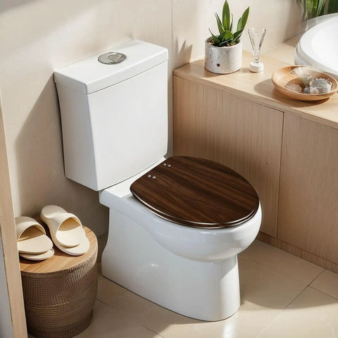 Elongated walnut wood wood grains pictures Toilet Seat on a modern white toilet with decorative bathroom elements.