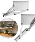 Two Pack Pull Down Rack Hinges For Under Cabinet Storage In Kitchen Stainless Steel Heavy Duty Durable Hinges with spices displayed.