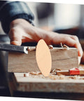 Top Shelf Woodworking Biscuit Joint Kit Brings You One Hundred Heavy Duty Biscuit Plates For Rock Solid Plywood Furniture Build Outs That Truly Deliver Straight Up Quality Results, worker using biscuit plate on wood.