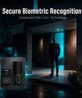 No Fuss Real Deal Top Tier Slick Palm Vein And 3D Facial Recognition Smart Lock For Keyless Entry Automatic Deadbolt With Six In One Options For Home Or Office Black Finish in a modern home entrance.