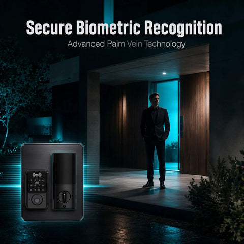 No Fuss Real Deal Top Tier Slick Palm Vein And 3D Facial Recognition Smart Lock For Keyless Entry Automatic Deadbolt With Six In One Options For Home Or Office Black Finish in a modern home entrance.