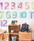 Large 12 Piece Math Poster Set From 1 To 12 Numbers And Multiplication Chart For Classroom Decor on wall in educational setup