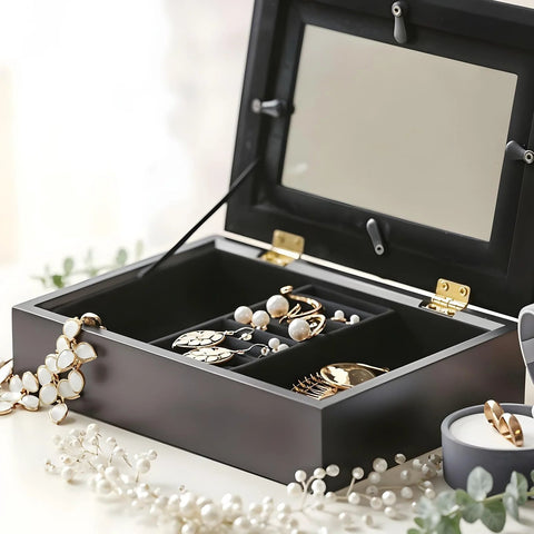 Jewelry box with Ten Sets 1 Inch Gold Mini Brass Hinges With Screws For Jewelry Boxes DIY Projects, open with jewelry inside