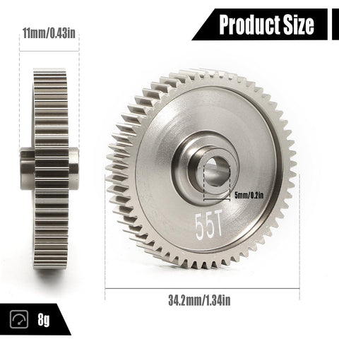 55T 0.6 Mod high speed spur gear for TT01 series RC cars replacement parts, showing aluminum build and dimensions