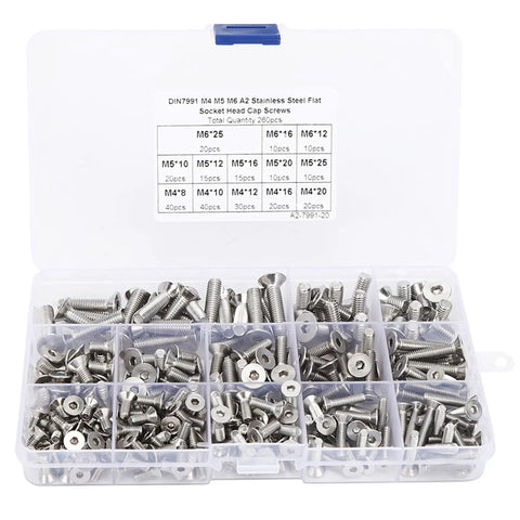 Heavy Duty 260 Piece Assorted Flat Head Hex Socket Screw Set With Countersunk Fasteners In M4 M5 And M6 Sizes Made From Top Grade Stainless Steel 304 in transparent storage box.
