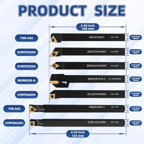 All In One 21 Piece Indexable Lathe Tool Set with seven tool holders and dimensions shown in inches and millimeters.