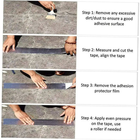 Step-by-step guide using Two Rolls Butyl Repair Tape Sealant For Roof Leaks, Pipe Cracks, And Outdoor Surfaces on concrete.