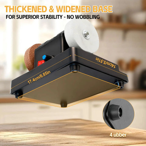 Grab And Go Cordless Mini Bench Grinder With Variable Speed Control Up To Seven Thousand RPM Dual Grinding Wheels Chew Through Metal Or Wood Like Butter Compact Job Site Essential showing thickened base for stability.