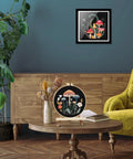 Two Pack Embroidery Kit For Grownups Beginner Friendly With Mushroom Pattern Hoops Tools Colorful Threads Needles And Step By Step Instructions DIY Starter Set featuring a completed mushroom embroidery displayed on a wooden table in a living room with a green chair and wooden cabinet.