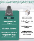 Comparison of drawstring bag versus box showing benefits of lightweight, eco-friendly bag over rigid box with resource waste.