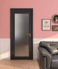32 By 80 Inch Frosted Glass Slab Door With Sleek 1 Lite Glass, French Interior Style, Black Pre-Finished Surface, installed in living room