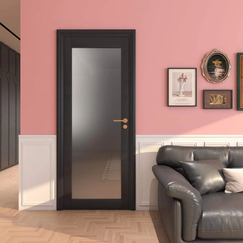 32 By 80 Inch Frosted Glass Slab Door With Sleek 1 Lite Glass, French Interior Style, Black Pre-Finished Surface, installed in living room