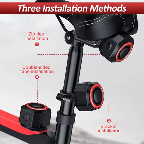 Super Cool Smart Tail Light Bike Alarm For Happy E-Bike Offroad MTB With Advanced 3D Vibration Sensor And Dark Tunnel Auto-Illumination mounted with zip ties, bracket, or tape