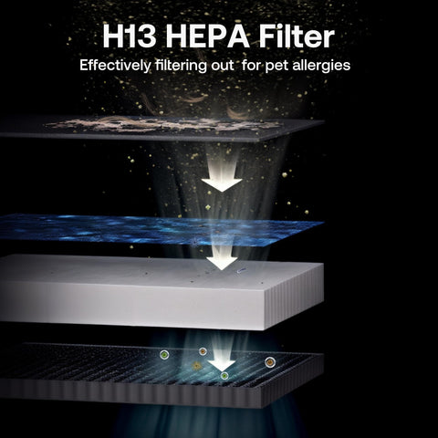 Diagram showing layers of H13 HEPA filter of Large Pet Air Purifier For Homes Up To 4200 Sq Ft with Anion and Activated Carbon, App Control