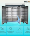 Hella Spacious Three Door Reach In Refrigerator Loaded With Seventy Two Cubic Feet Of Chilling Capacity For Commercial Kitchens with open doors and shelves.