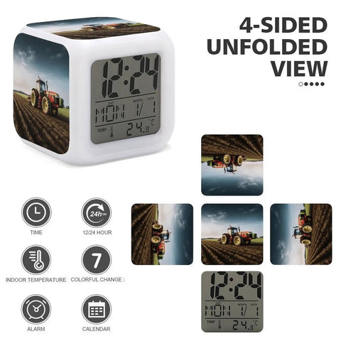 4-sided view of the Tractor Farm Alarm Clock with LED Display and 7 Color Night Light for bedroom, showcasing digital features.