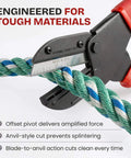 Heavy-duty industrial cutter for plastic, rubber, wood, leather and PEX cutting thick rope, red ergonomic handle, black oxide blade