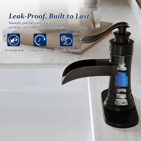 Close-up of Oil Rubbed Bronze Bathroom Sink Faucet 1 Hole Single Handle Waterfall Faucet with leak-proof technology diagram.