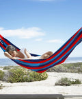 Easy Setup Brazilian Style Hammock With Tree Straps For Hanging, durable portable single or double hammock outdoors, blue and red stripe
