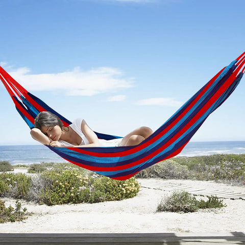 Easy Setup Brazilian Style Hammock With Tree Straps For Hanging, durable portable single or double hammock outdoors, blue and red stripe