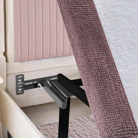 Heavy Duty Adjustable Headboard Bracket Kit In Sleek Black Metal mounted to a bed frame with a mattress in background