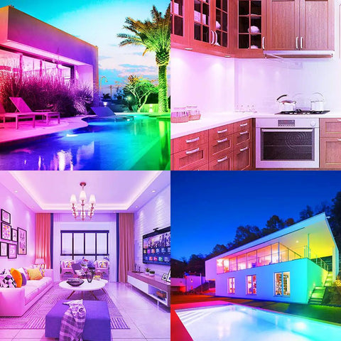 Plug-And-Play 2 Inch Smart Recessed LED Downlight Kit With WiFi Control illuminating different rooms with RGB color changing lights