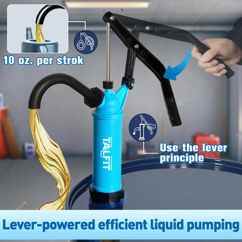 No Sweat Lever Action Barrel Pump with lever mechanism, transferring 10 oz per stroke, designed for 55 gallon drum use.