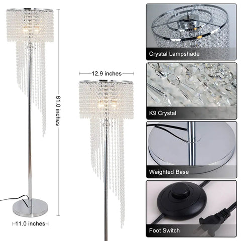 Modern Chrome Floor Lamp With Crystal Lattice Shade 3 Light Tall Lamp At 59 Inches E12 Socket 110 To 120V UL Rated Plug On Off Switch Easy Assembly Glam Crystal Accents And Sleek Decor Ready For Living Room