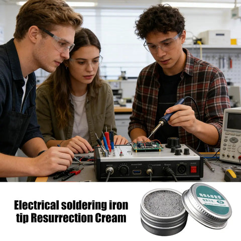 Group using Pro Grade Soldering Tip Tinner And Oxidation Removal Paste for electronics repair on circuit boards.