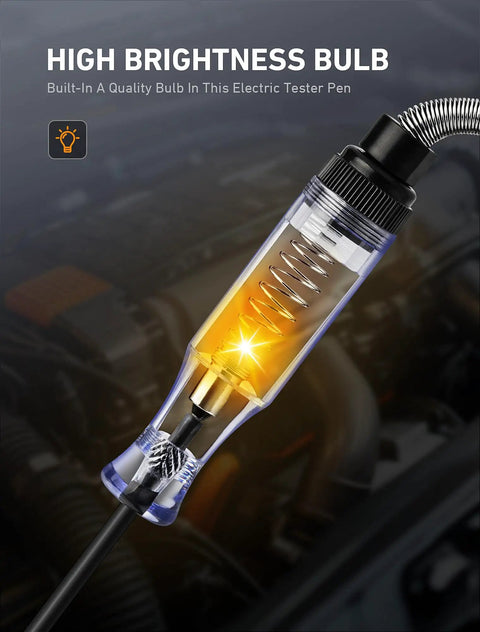 6V-12V-24V DC Car Electrical Test Pen With Alligator Clip And Long Steel Probe, Continuity And Voltage Fuse Tester For Sedan, SUV, RV And Truck, Handy Automotive Test Light For Quick Circuit Checks, clear bulb handle
