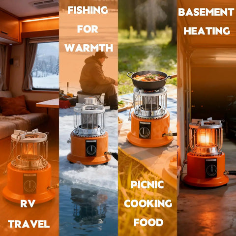 Go To All In One Propane Heater And Stove Portable With 6 Ft Regulating Valve shown in RV, ice fishing, picnic, basement uses