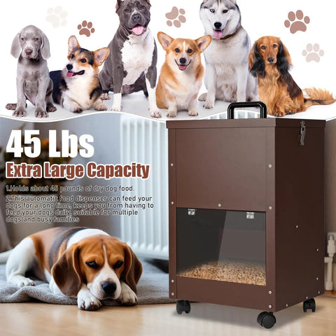 Real Deal Automatic Gravity Dog Feeder With Smooth Rolling Wheels For Large Breed Puppers, Self Refilling Bulk Kibble Dispenser with 45 lbs capacity.